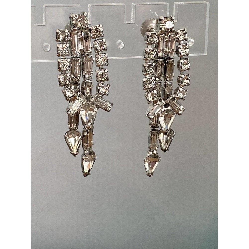 Vintage Rhinestones Drops Dangles Screw Backs Silver Tone Art Deco Estate